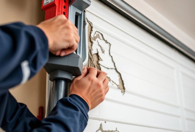 Professional technician repairing damaged garage door panel in Southington CT