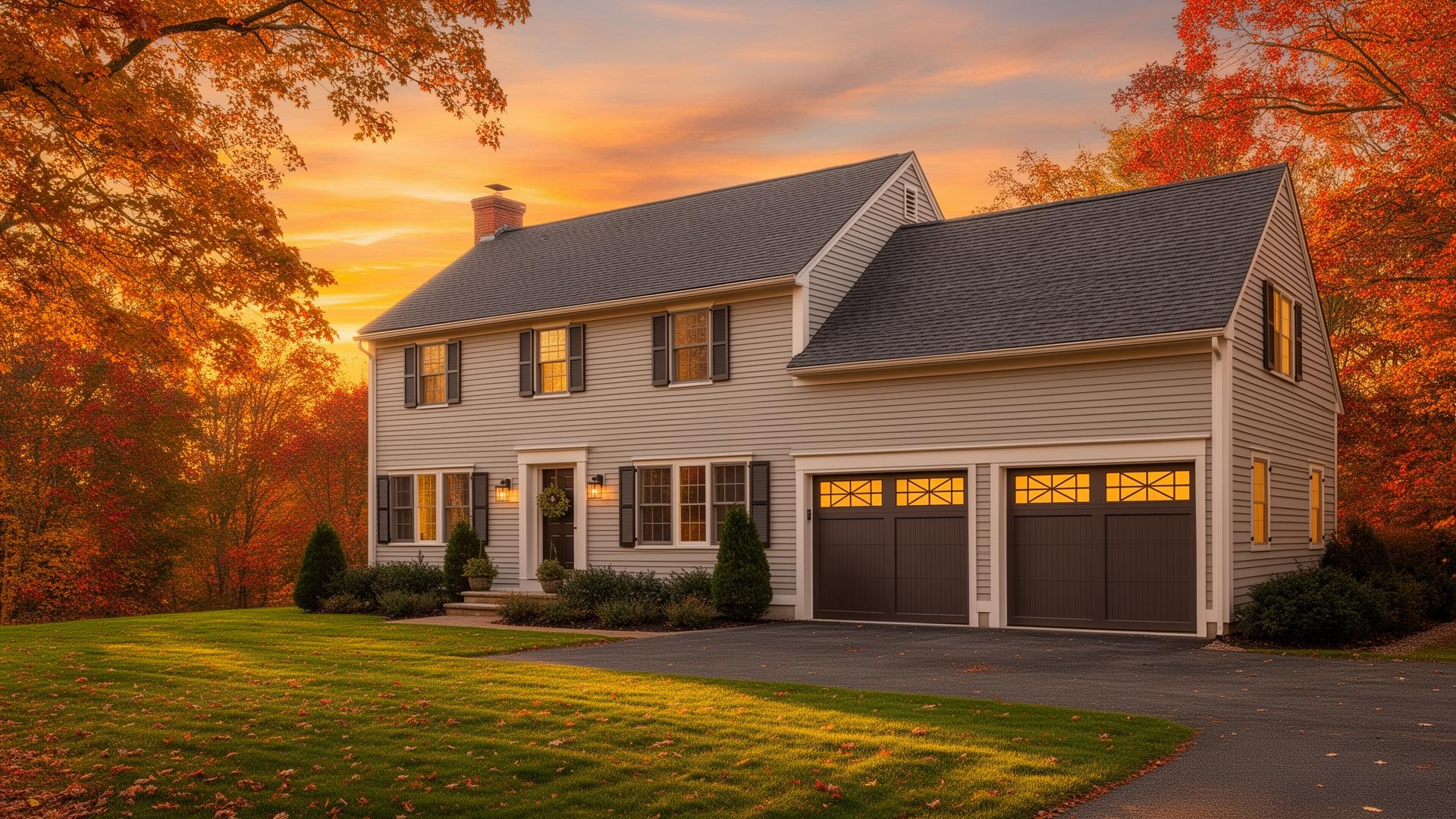 Beautiful New England colonial home with modern garage doors at sunset in Southington CT